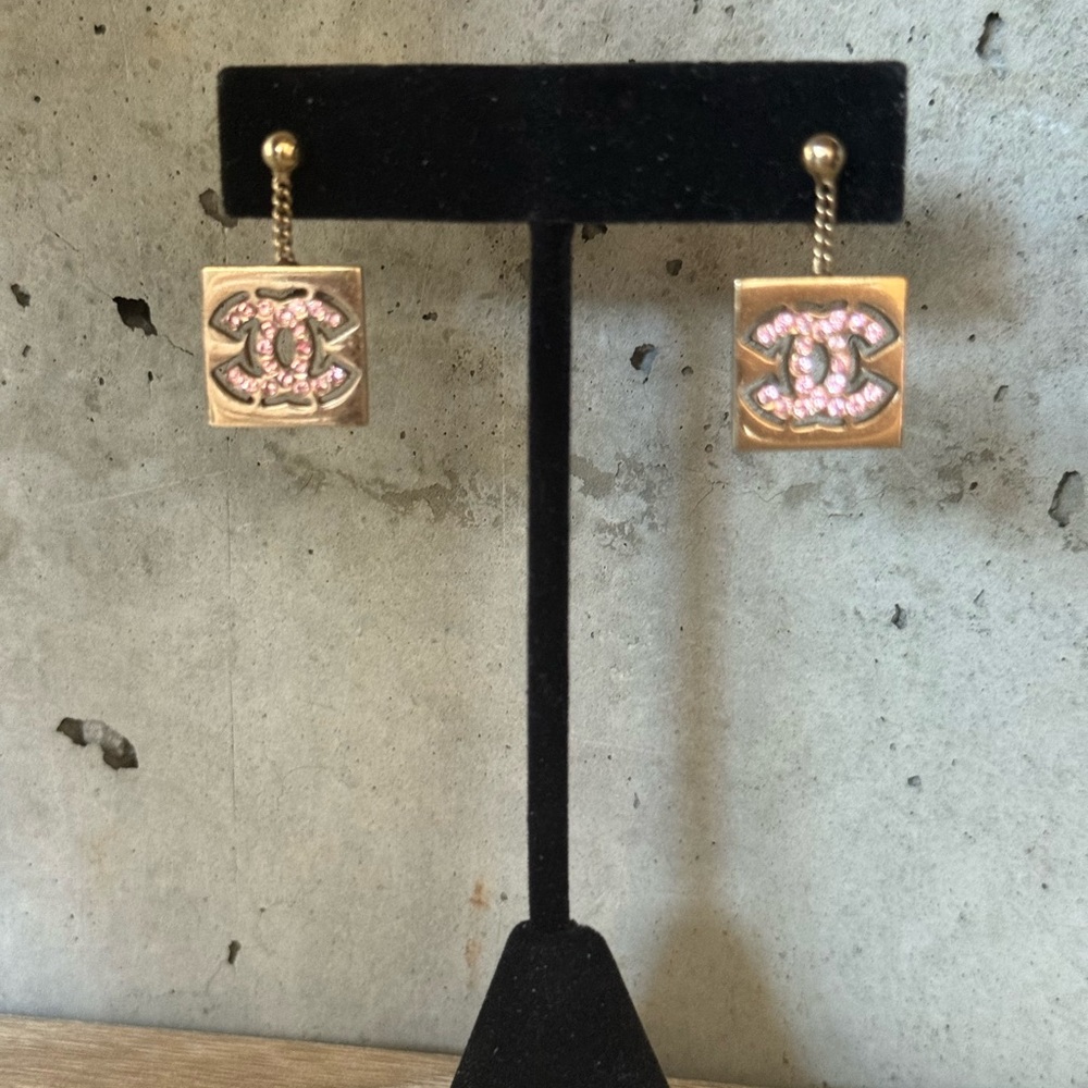 SOLD | Authentic CHANEL Champagne Gold and Pink Rhinestone CC Pierced Earrings